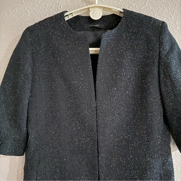 Tahari Long Jacket Black Tweed Duster Office Short Sleeve Career Women’s Size 8 - Picture 2 of 16